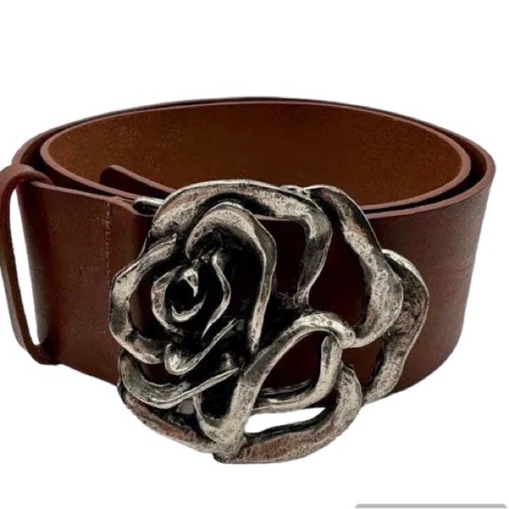 Garuglieri Genuine Leather Belt Rose Metal Buckle Brown Tan SzXL